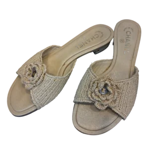 CHANEL Raffia and Leather Camellia Flower Mules