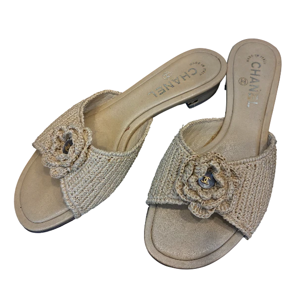CHANEL Raffia and Leather Camellia Flower Mules