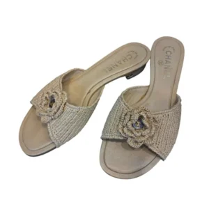 CHANEL Raffia Camellia Mules